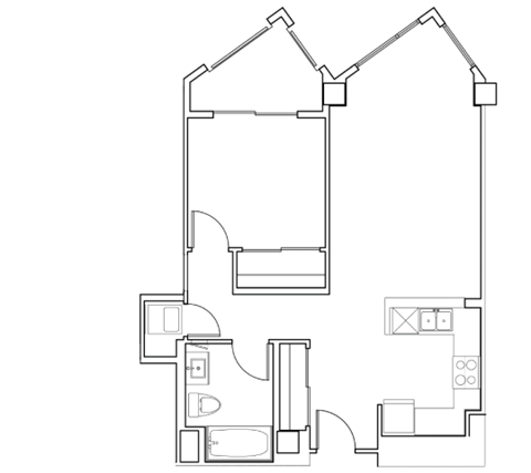 Floor plan for 1 bed, 1 bath, 626 sqft
